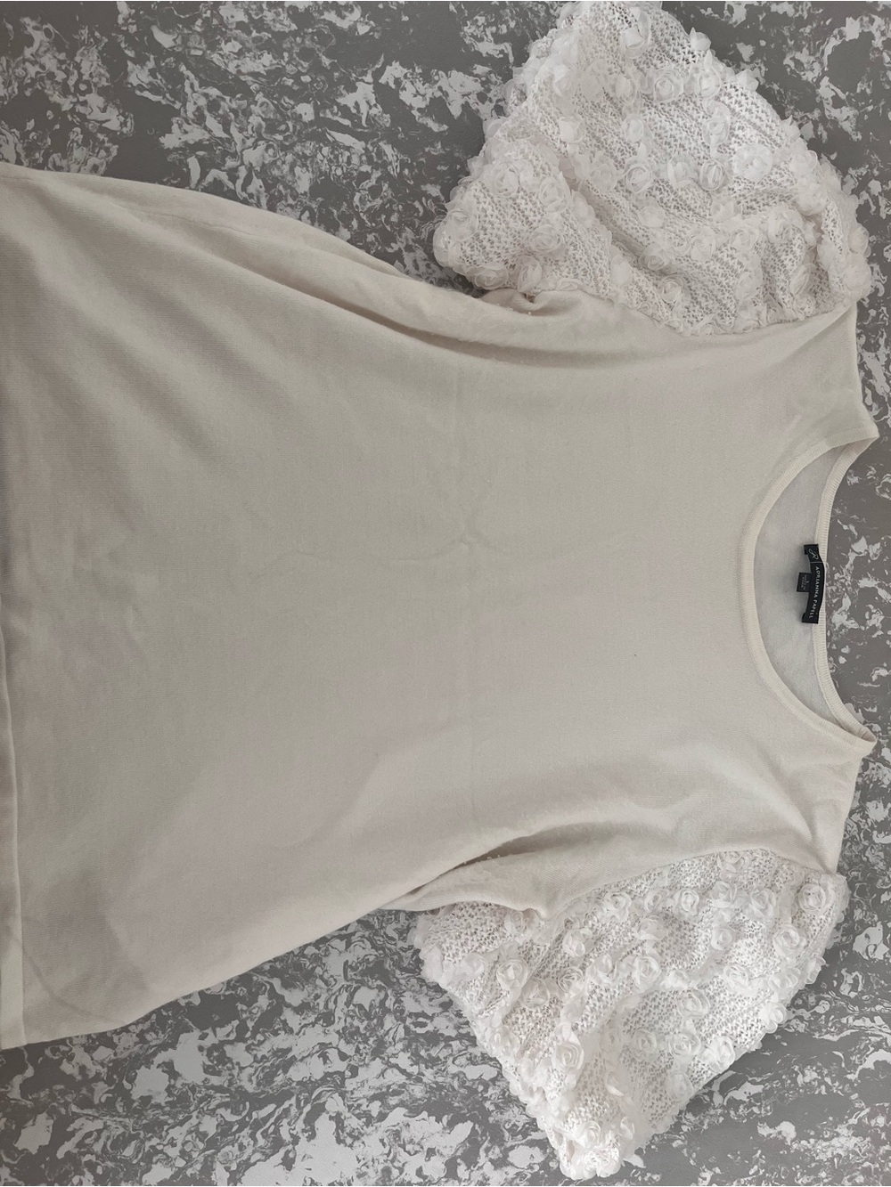 Adrianna Papell Cream Knit Tee with Lace Puff Sleeves